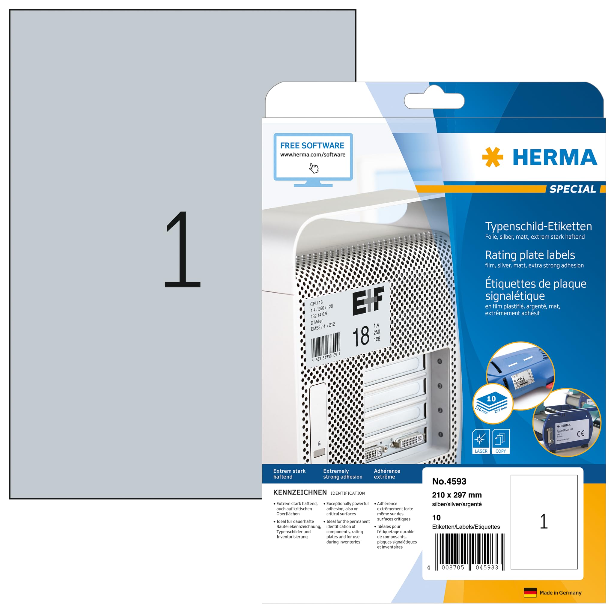 HERMA Self-Adhesive Silver Labels, 10 Labels per A4 Sheet, 210 x 297 mm, Weatherproof, Metallic Silver