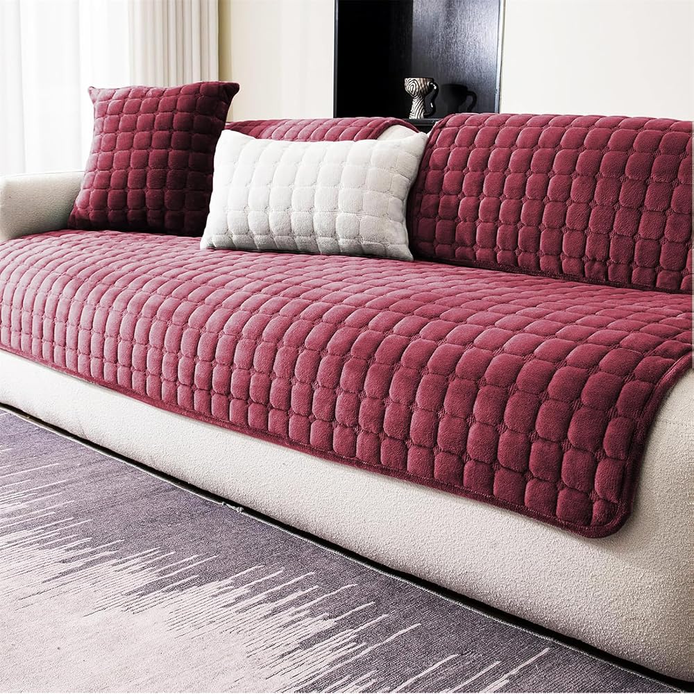 LINGKY Soft Flannel Sofa Covers 1/2/3 Seater Non-Slip Wine Red 70x70cm