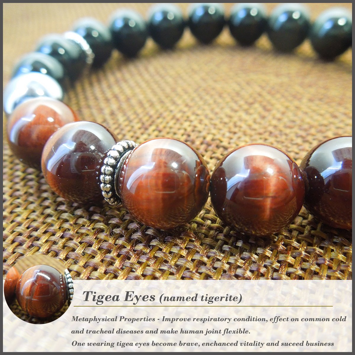 COLORFEY Mens Natural Gemstone Tiger Eye Terahertz Black Obsidian Energy Stone Buddhist Prayer Bracelet