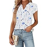 Blooming Jelly Women's Dressy Casual Tops Business Work Blouses White Button Down Shirts Cap Sleeve V Neck Tshirt