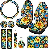 Tallew 10 Pcs Hippie Flower Car Seat Covers Full Set Universal Car Accessories Colorful Art Floral Seat Cover Steering Wheel Cover Armrest Pad Cover Seat Belt Pads for Women Men Car Truck Auto