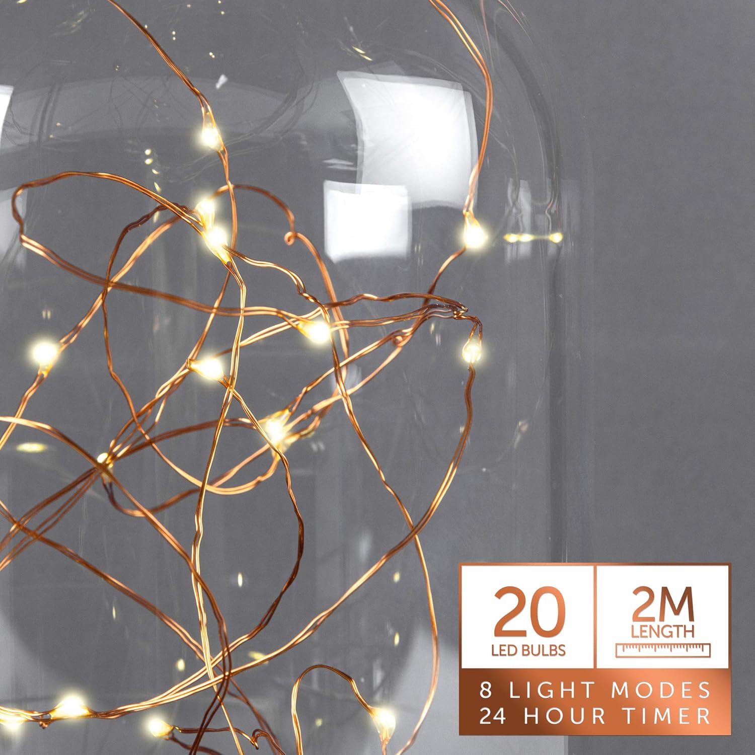iN Home Copper Wire LED Dome Light with Remote, 20 LED Fairy Lights on 2M Long Copper Wire with Glass Dome and Wooden Base - Image 5