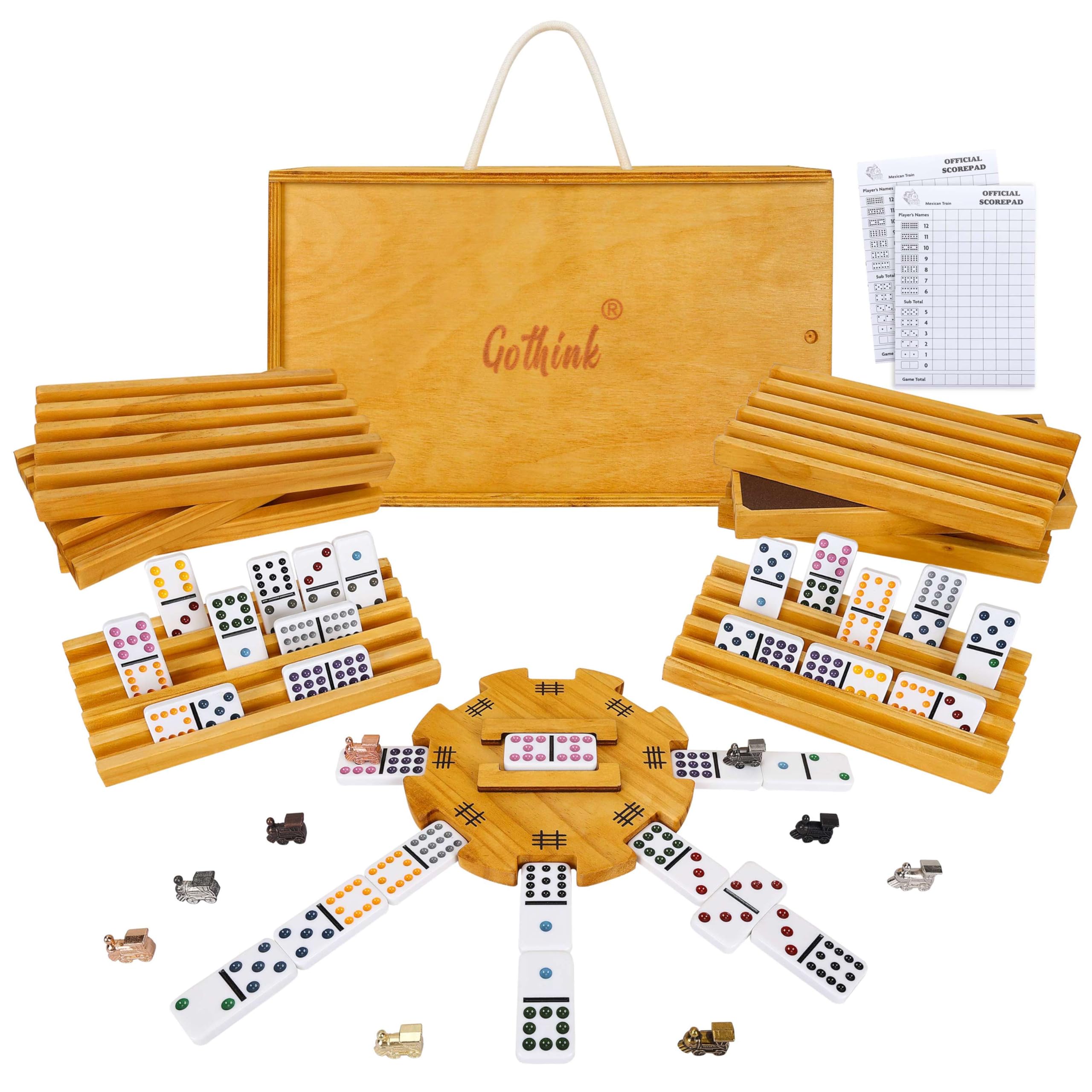 Photo 1 of (missing pieces) GOTHINK Mexican Train Dominoes Set, Double 12 Dominos Set for Kids Adults and Family, Dominoes Tile Board Game with Tiles Holders
