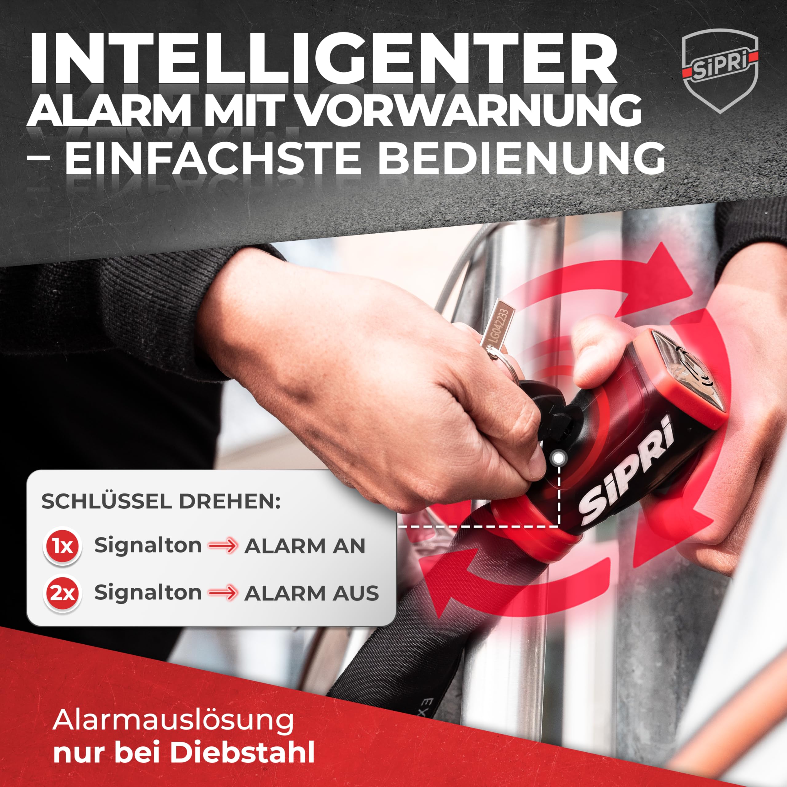 SIPRI® Fahrradschloss mit Alarm 120 dB | Kettenschloss Fahrradschloss hohe Sicherheit für E-Bike, E-Scooter & Motorrad | 8 mm Stahl, wetterfest, robust & langlebiges Schloss mit Schlüssel 3