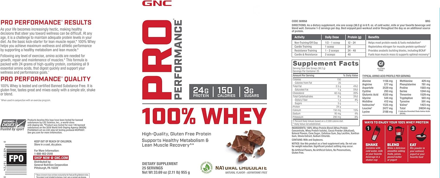 GNC Pro Performance 100 Whey Protein Powder Natural Chocolate, 25