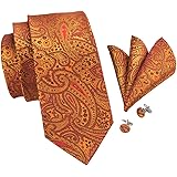 Coffret Ensemble Cravate Homme, Mouchoir de Poche, Boutons de Manchette à rayures Bleu - 100% en Soie - Classique, Elégant et Moderne - (Idéal pour un cadeau, un mariage, avec un costume