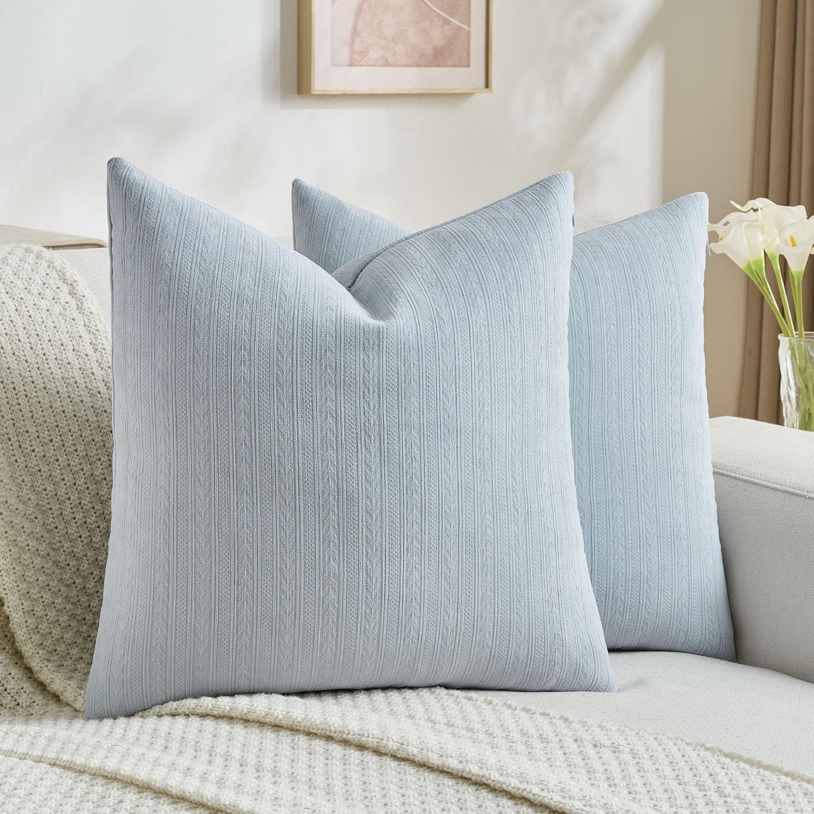 Photo 1 of FUTEI Light Blue Decorative Throw Pillow Covers 22x22 Inch Set of 2,Soft Cozy Wheat Ear Striped Patterns Cushion Cases,Modern Home Decor for Couch Bed Living Room