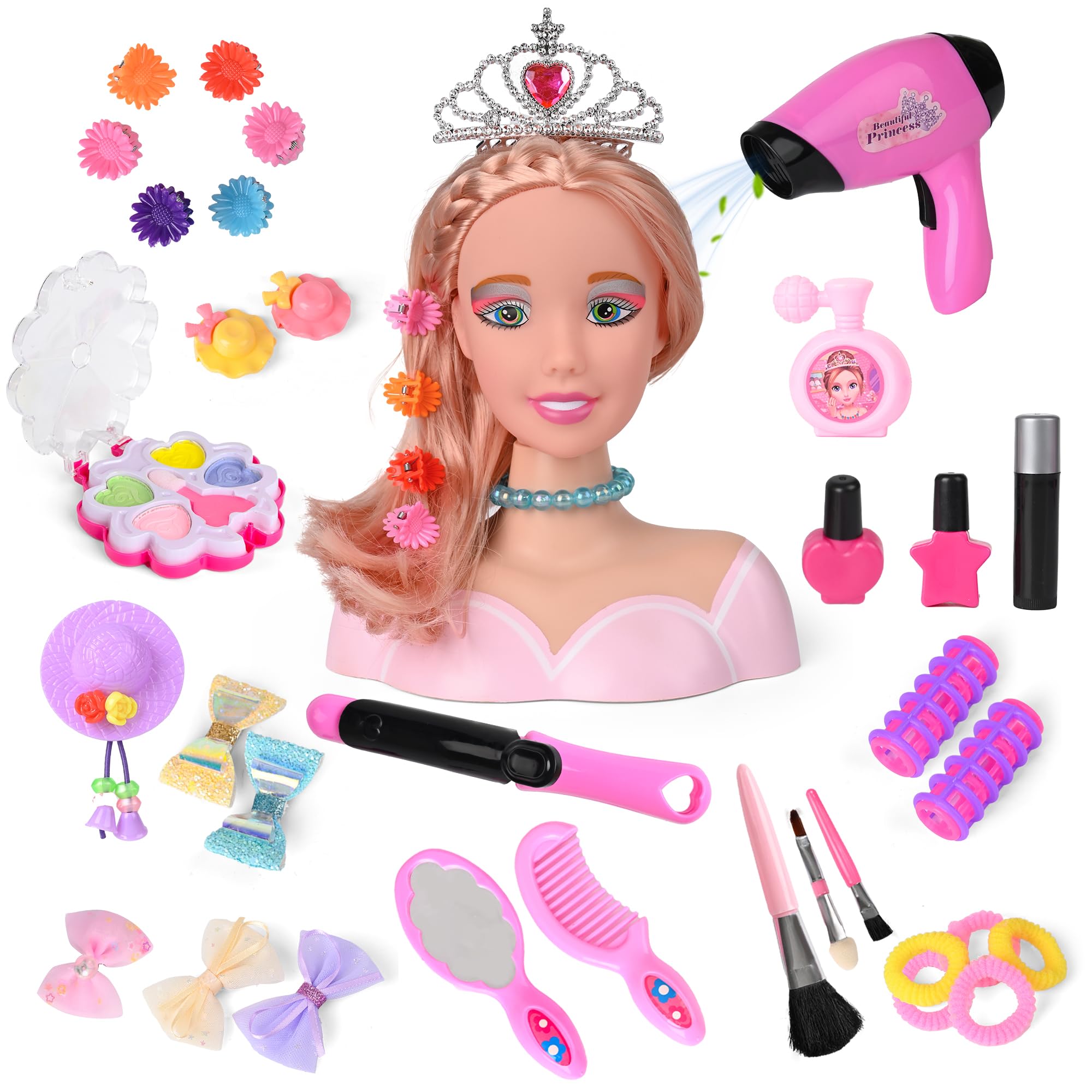 Photo 1 of 36PCS Doll Head Hair Styling Makeup Toy Set Kids Pretend Play Styling Set with Hairdryer Curling Iron Crown Accessories Beauty Stylist Kit Gifts for 3 4 5 6+ Years Old