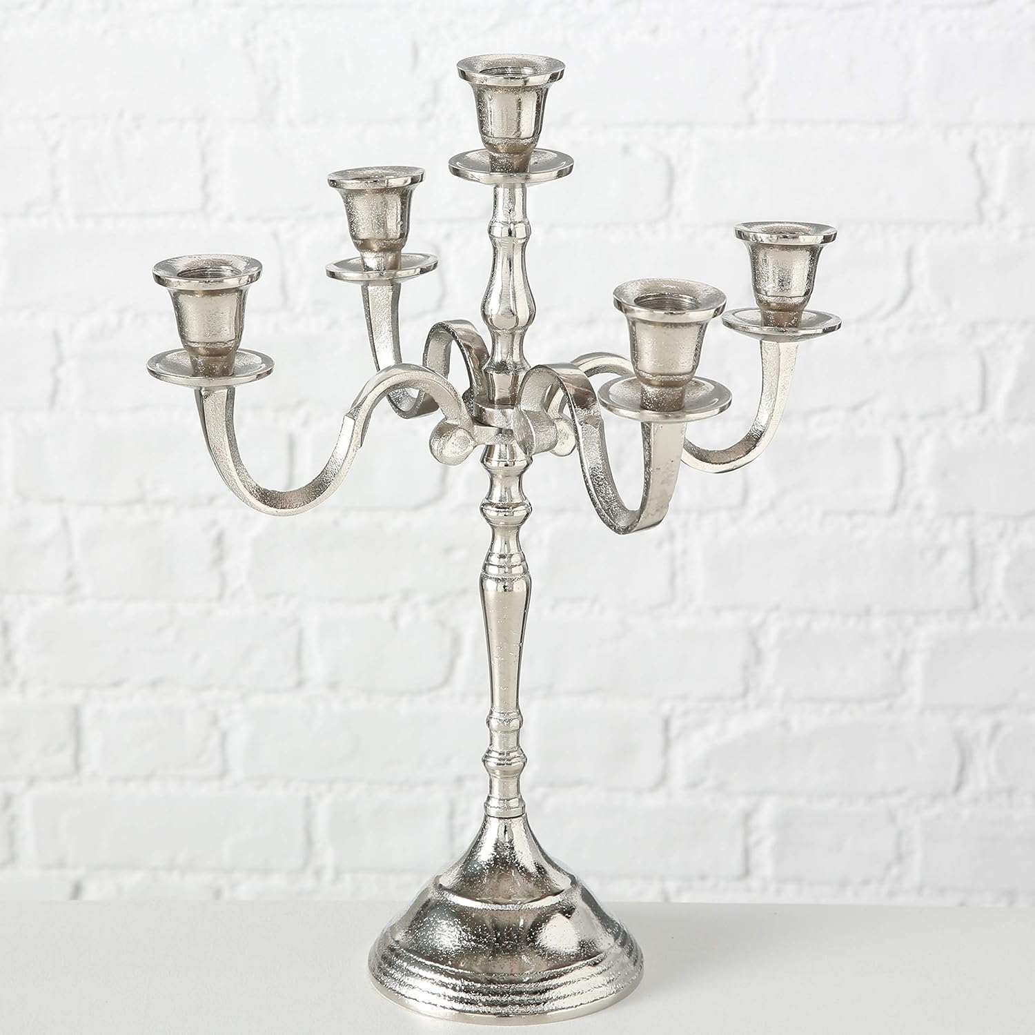 WHW Whole House Worlds Hamptons Five Candle Candelabra, Silver Finish, Centerpiece, Hand Crafted of Cast Aluminum, Atelier Craft Surface Details, Over 1 FT High, (15.75 Inches): Home & Kitchen