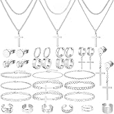 NEWITIN 37 Pcs Silver Jewelry Set for Men Stainless Steel Cross Jewelry Set | Hypoallergenic, Cross Necklaces Bracelets Rings Stud Earrings Set, Christian Religious Faith Jewelry for Women Men Daily Wear