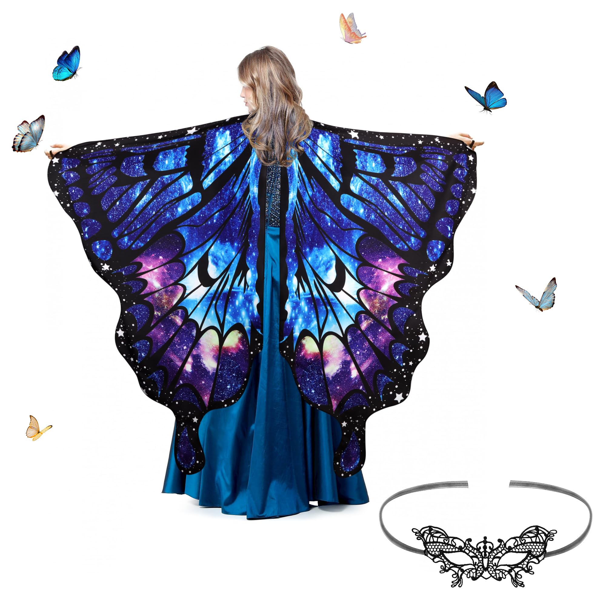 Kaket Butterfly Wings Adult Women with Mask, Womens Butterfly Wings Cape Fancy Dress Up, Butterfly Wings Shawl Adult for Halloween Christmas Party Cosplay Dancing (Style 5- Fluorescent Purple)