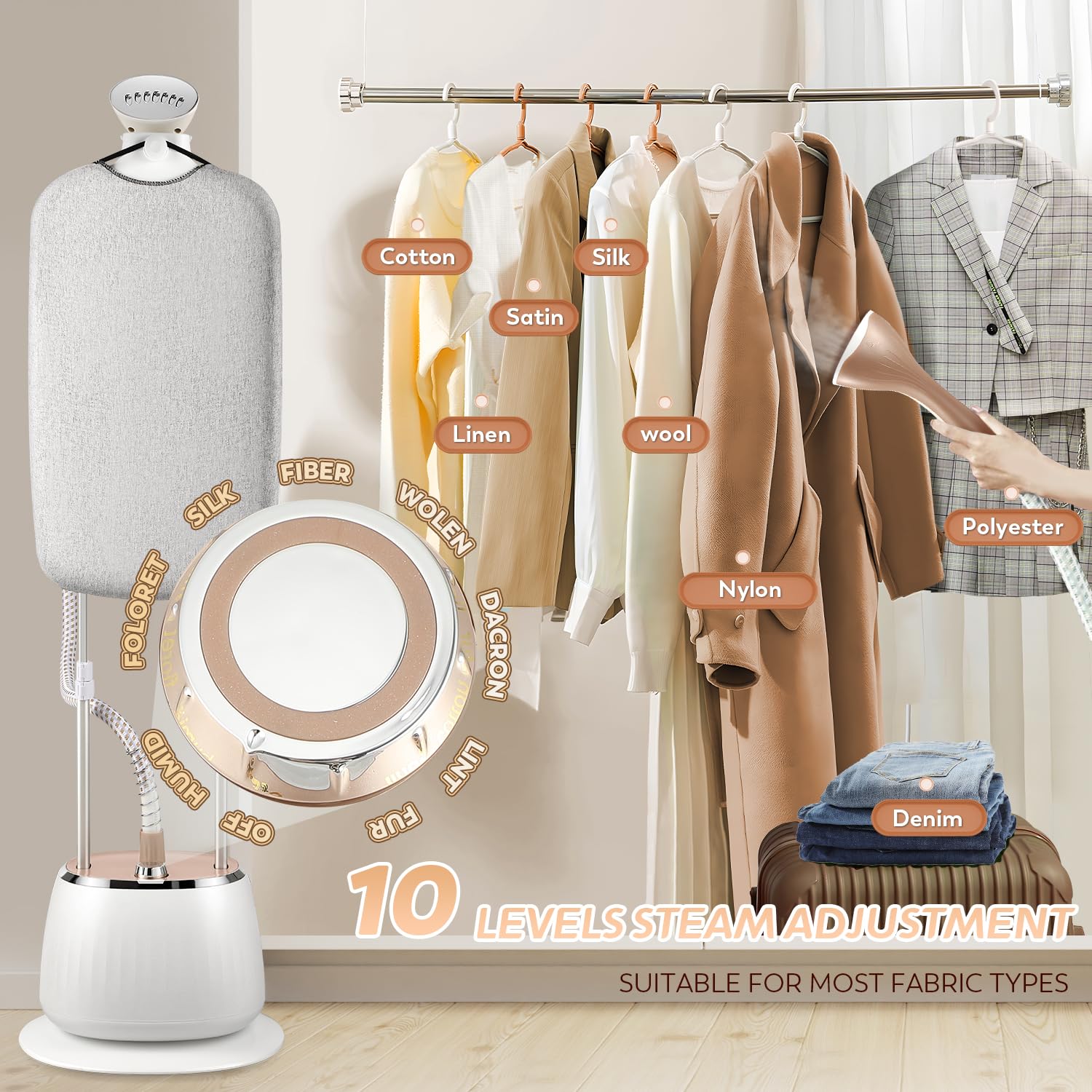 Standing Garment Steamer with 1800w Power, 54 fl.oz Water Tank for 1-Hour Continuous Steaming, 10-Level Steam Adjustment for Flat Hanging & Diagonal Ironing