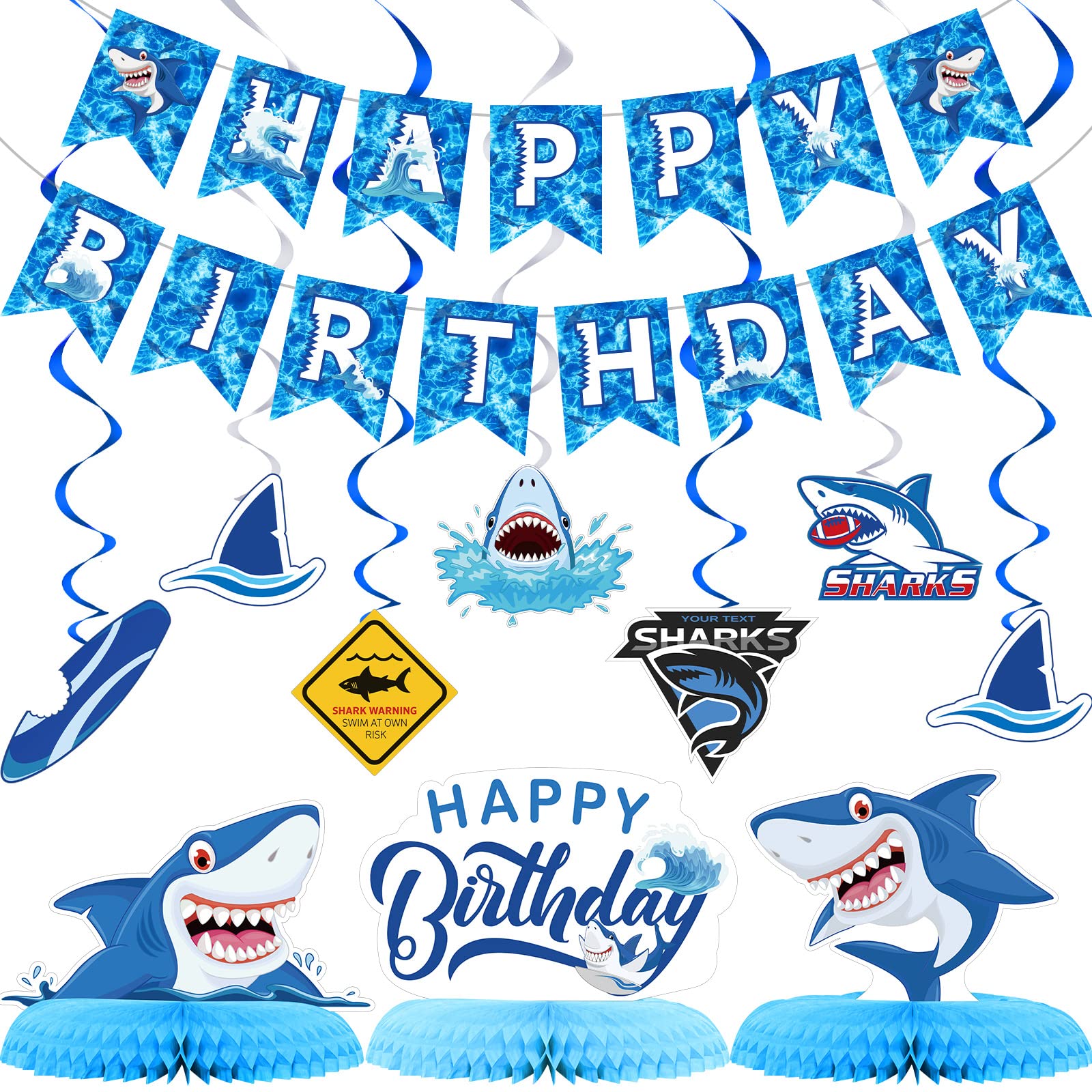 Photo 1 of 28 Pieces Shark Party Supplies Set Includes 12 Hanging Swirls Shark Happy Birthday Banner 12 Hanging Cutouts 3 Birthday Honeycomb Centerpiece for Party Decorations