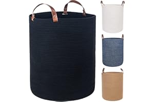 Twira Extra Large 20x16 Inches Cotton Rope Basket, Woven Baby Laundry Blanket Basket with Leather Handle Toy Basket Storage Baskets Bin for Yoga Mat & Towel (Black）