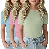 LessonZoo 3 Pack Girls Short Sleeve Tops Ribbed Knit Crew Neck Shirts Basic Solid Tees Slim Fit Casual T-Shirt Size 5-14