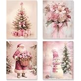KSDUT Pink Christmas Wall Art Decor Set of 4 - Pink Flower Santa Snowman Artwork Poster Winter Snowy Xmas Holiday Wall Decor for Home Living Room Farmhouse Bedroom Decorations - 8