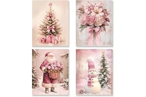 KSDUT Pink Christmas Wall Art Decor Set of 4 - Pink Flower Santa Snowman Artwork Poster Winter Snowy Xmas Holiday Wall Decor for Home Living Room Farmhouse Bedroom Decorations - 8"x10" Unframed