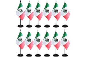 BCLIN 12 Pack Mexico Desk Flags Set, Mexican Small Mini Table Office Flags With 12" Solid Black Pole, Black Base and Spear Top, Miniature Desktop Flag, Home Decoration, Office Decoration, Festival Celebrations