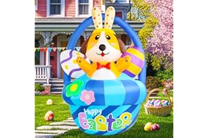 AOTIOOY 6FT Easter Inflatables Outdoor Decorations, Puppy Basket Yard Decor with Easter Egg & Bunny Ear, Built-in LED Lights Blow up Holiday Decorations for Outside Lawn Garden Home Indoor
