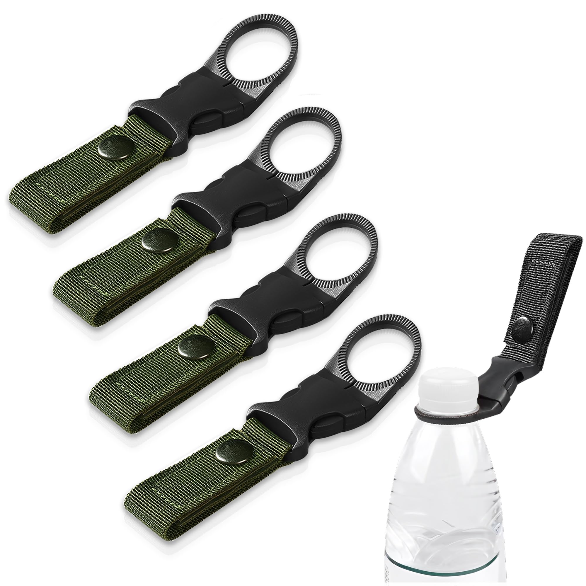 Photo 1 of ZXZone 4PCS Bottle Buckle Clip Hanging Buckle Portable Water Bottle Ring Holder Keychain Mineral Water Clip for Backpack Belt Nylon Webbing Strap for Outdoor Tactical Camping Hiking (K, Green)