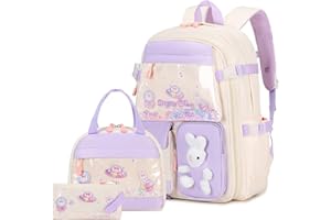 FIXITOK Girls Backpack Set, 3PCS Kids Backpack for Girls, Kawaii Bunny School Backpacks for Girls Kindergarten Elementary Preschool Middle School Bags with Lunch Box Pencil Case Beige