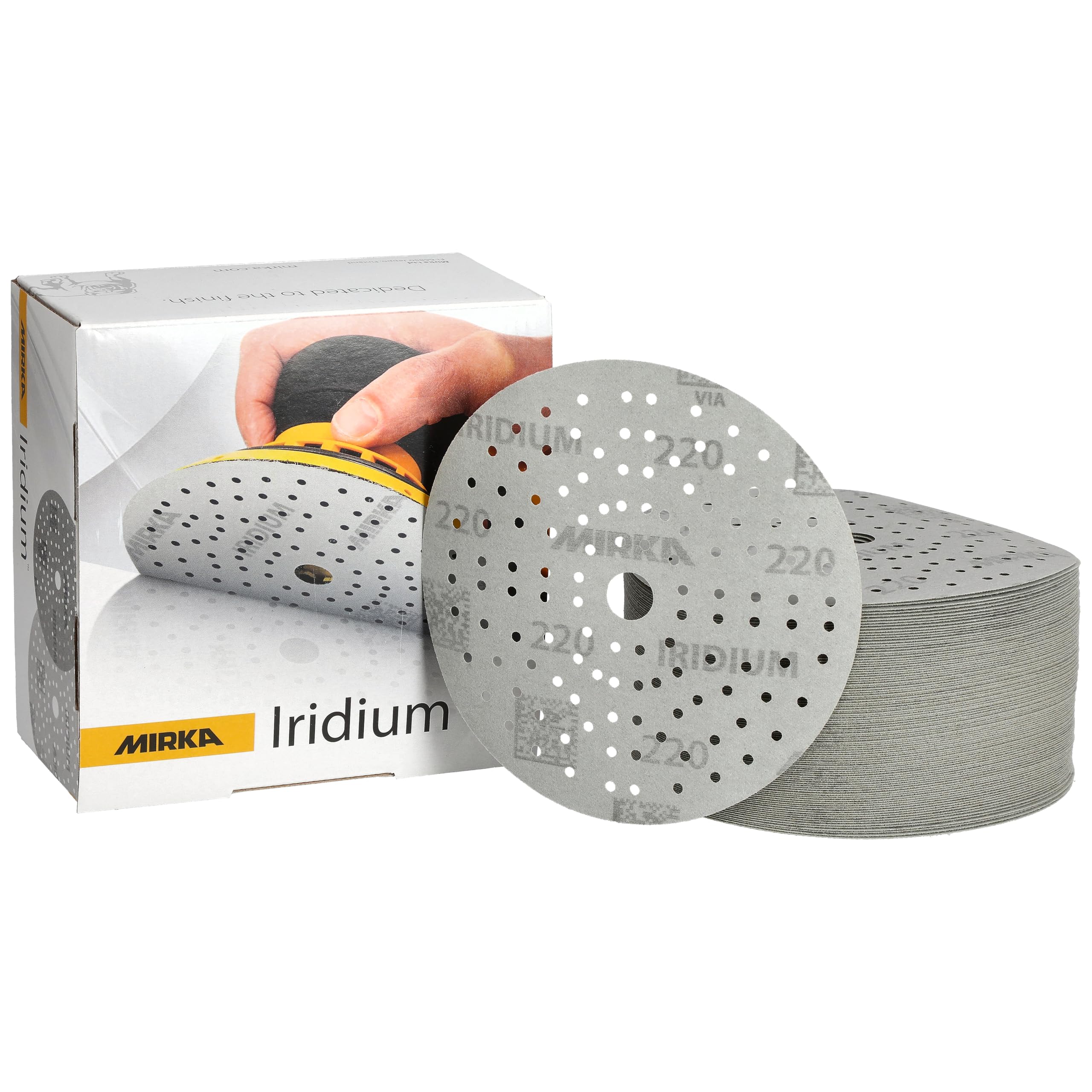 Mirka Iridium Premium Sandpaper Ø 150mm Hook & loop 121-Hole, Grit 220, 100 pcs/For sanding of paint, putty, primer, wood, steel, mineral materials, plastic, glass fibre.