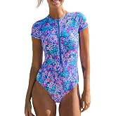 CUPSHE Women's Rash Guard One Piece Swimsuit Short Sleeve Zip Up | Non-Removable Cups, Medium Support, Front Zip, Mock Neck, Fully Lined, UV Swim Shirt, Sporty Bathing Suit