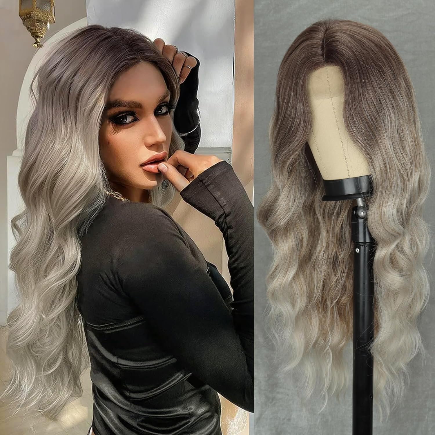 Mabufun Wigs for Women Middle Part Curly Synthetic Hair Natural Looking Heat Resistant Fiber for Daily Party Use
