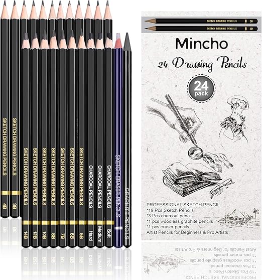 Amazon Com Premium Sketch Drawing Pencils 24 Piece Professional Pencils Set Includes Graphite Charcoal And Eraser Pencils 7h 14b Shading Graphite Pencils For Adults Kid Artists Sketching Office Products