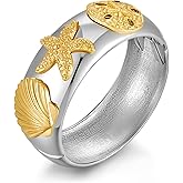 WOWORAMA Chunky Silver Bangle Bracelets for Women Trendy Sea Shell Starfish Bracelet Boho Summer Beach Statement Bracelet Thick Silver Chunky Cuff Bangle Bracelets