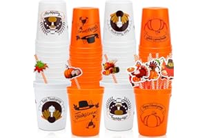 Ainibar 24 Pcs 16oz Thanksgiving Plastic Party Cups and 24 Pcs Party Disposable Drinking Paper Straws,Perfect for Thanksgiving Autumn Fall Turkey Pumpkin Dinner Party Supplies