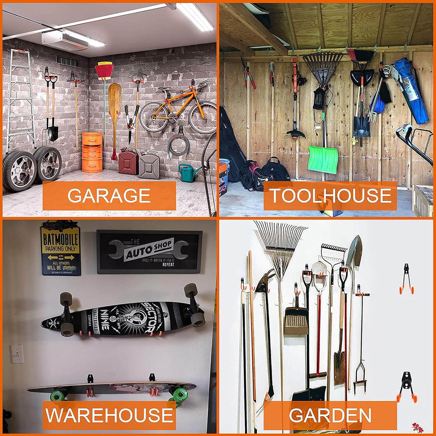 10 Pack Garage Hooks with 2 Pack Storage Straps, ACMETOP Bike Hooks for Garage, Heavy Duty Garage Organization Wall Mount, Utility Double Hooks for Garage Storage, Ladders, Bikes, Ropes, Garden Tools - - 