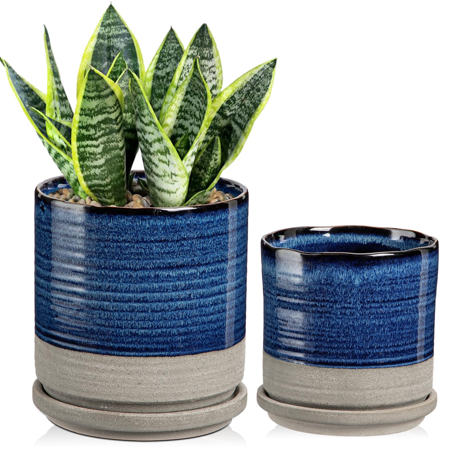 Hollyone 2PCS Ceramic Plant Pots 13CM 15CM, Indoor Round Garden Planters with Saucers and Drainage Hole, Blue Flower Pots Decorative Succulent Pots Outdoor Cactus Pots Mini Herb House Plants