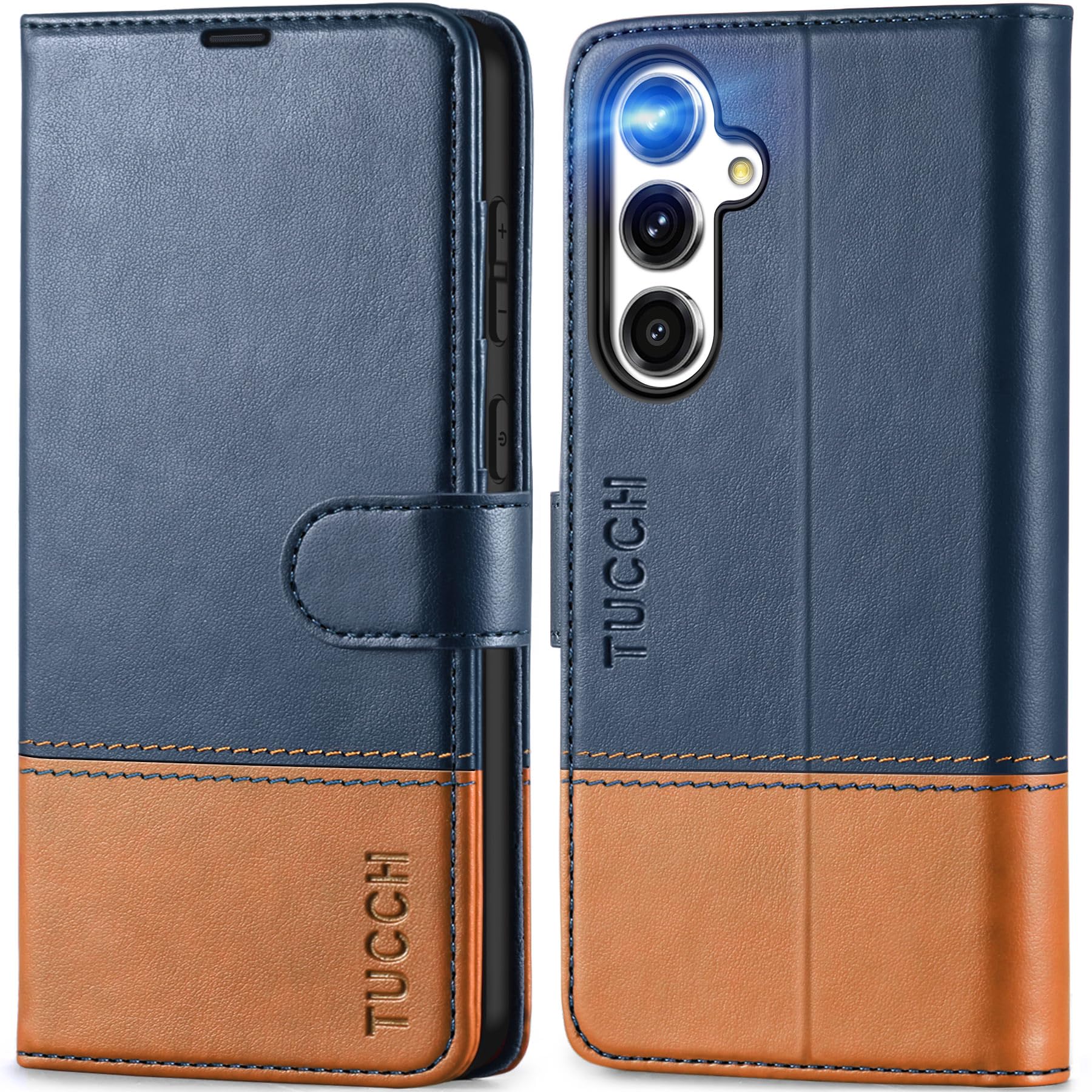 TUCCH Case for Galaxy S24 FE (6.7") 5G, PU Leather Wallet Magnetic Protective Flip Folding Stand Cover with[RFID Blocking]Credit Card Holders[Shockproof TPU]Compatible with Galaxy S24 FE, Blue & Brown