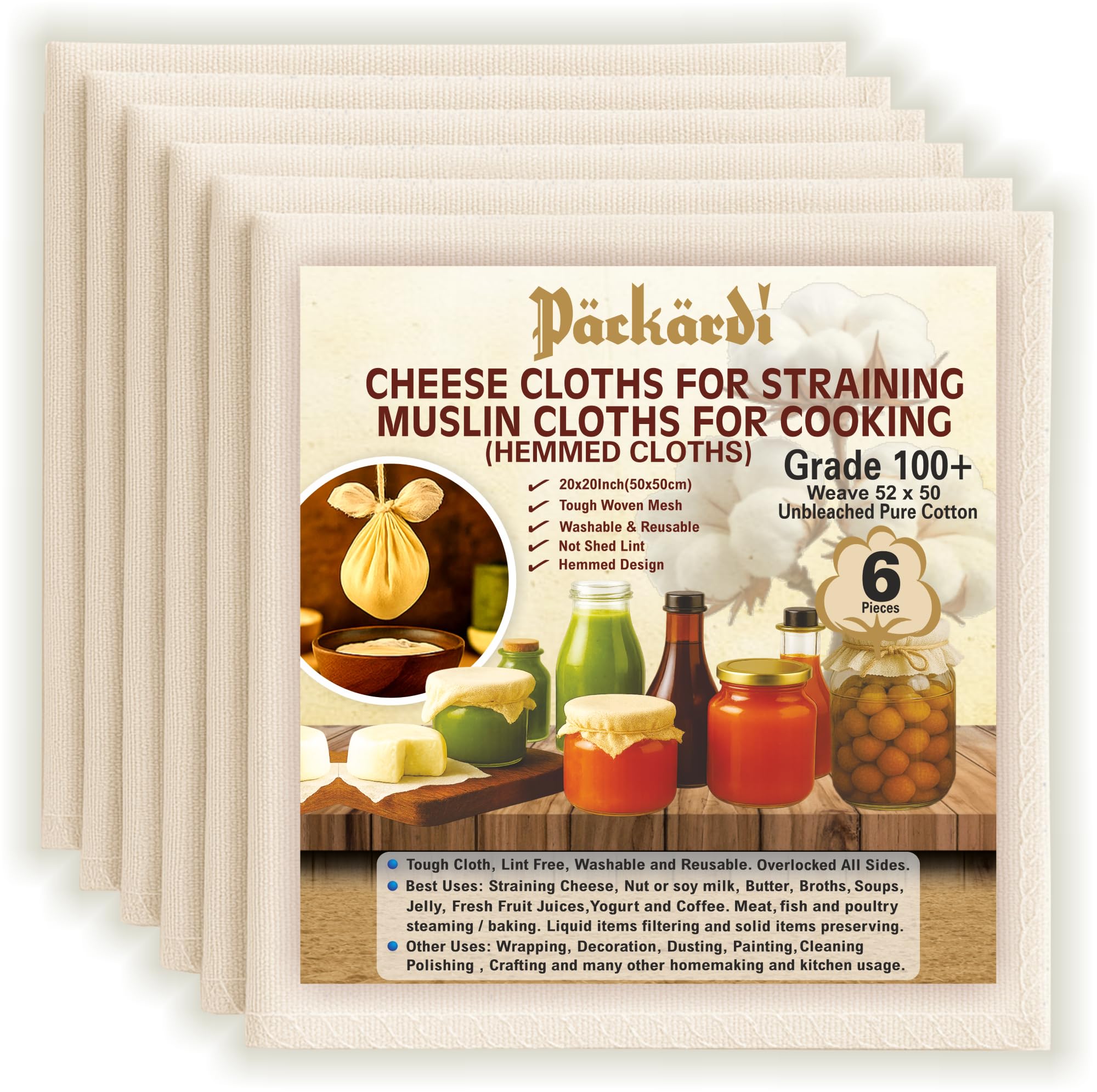 Grade 100+ PACKARDI Cheesecloth Pack of 6 Muslin Cloths for Cooking 50x50 cm, Reusable and Washable Cheese Cloths for Straining, 100% Unbleached Pure Cotton Cloth Ultra-Fine Cheese Cloth for Baking
