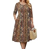 IN'VOLAND Women Plus Size 3/4 Sleeve Dresses Summer Casual Loose Flowy A-line Midi Dress with Pockets Vacation Boho Sundress