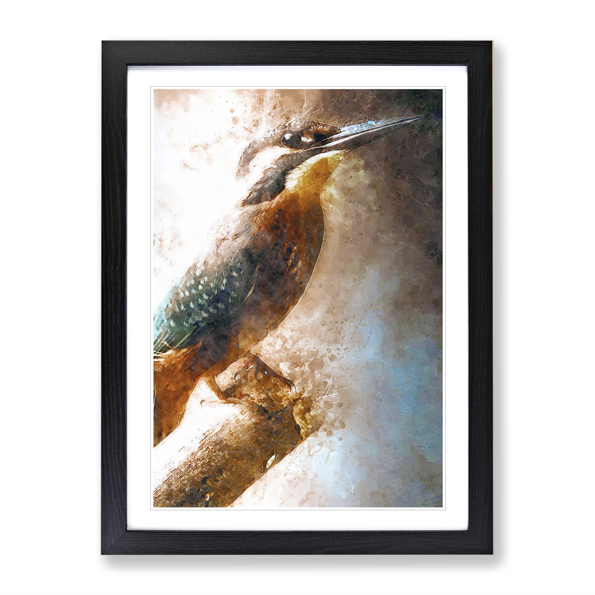 Beautiful Kingfisher Bird In Abstract Modern Framed Wall Art Print, Ready to Hang Picture for Living Room Bedroom Home Office Décor, Black A4 (34 x 25 cm)