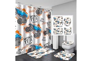 YOOOAHU Boys Bathroom Decor Monster Truck Shower Curtain Sets 4 Piece, Teen Boy Room Monster Truck Shower Curtains Set Waterproof Cartoon Car Vehicle Shower Curtain Mat for Kids Toddler Bath Toilet Decoration