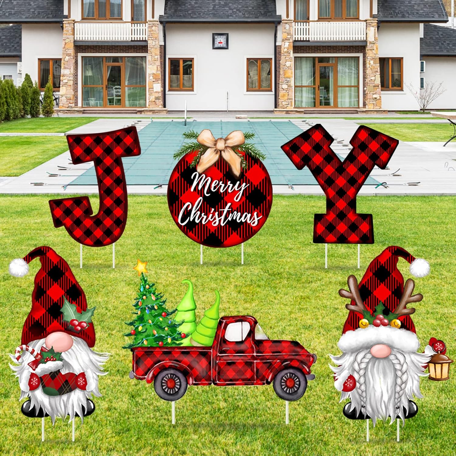 Yard Signs - 6PCS Christmas Yard Signs with Stakes Red and Black Buffalo Plaid Joy Gnomes Red Truck Christmas Decorations for Outdoor yard Lawn Christmas Holiday Decor