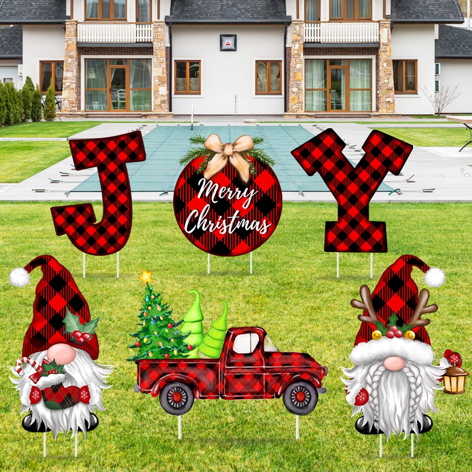 Photo 1 of ***(MISSING STEAKS)***6PCS Christmas Yard Signs with Stakes - Red & Black Buffalo Plaid Joy Gnomes & Truck Decorations for Outdoor Lawn & Holiday Decor