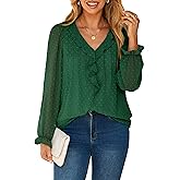 Simplee Womens Dressy Long Sleeve Blouse Casual V-Neck Ruffle Business Tops Chiffon Work Ladies Shirts 2025 Fall Trendy