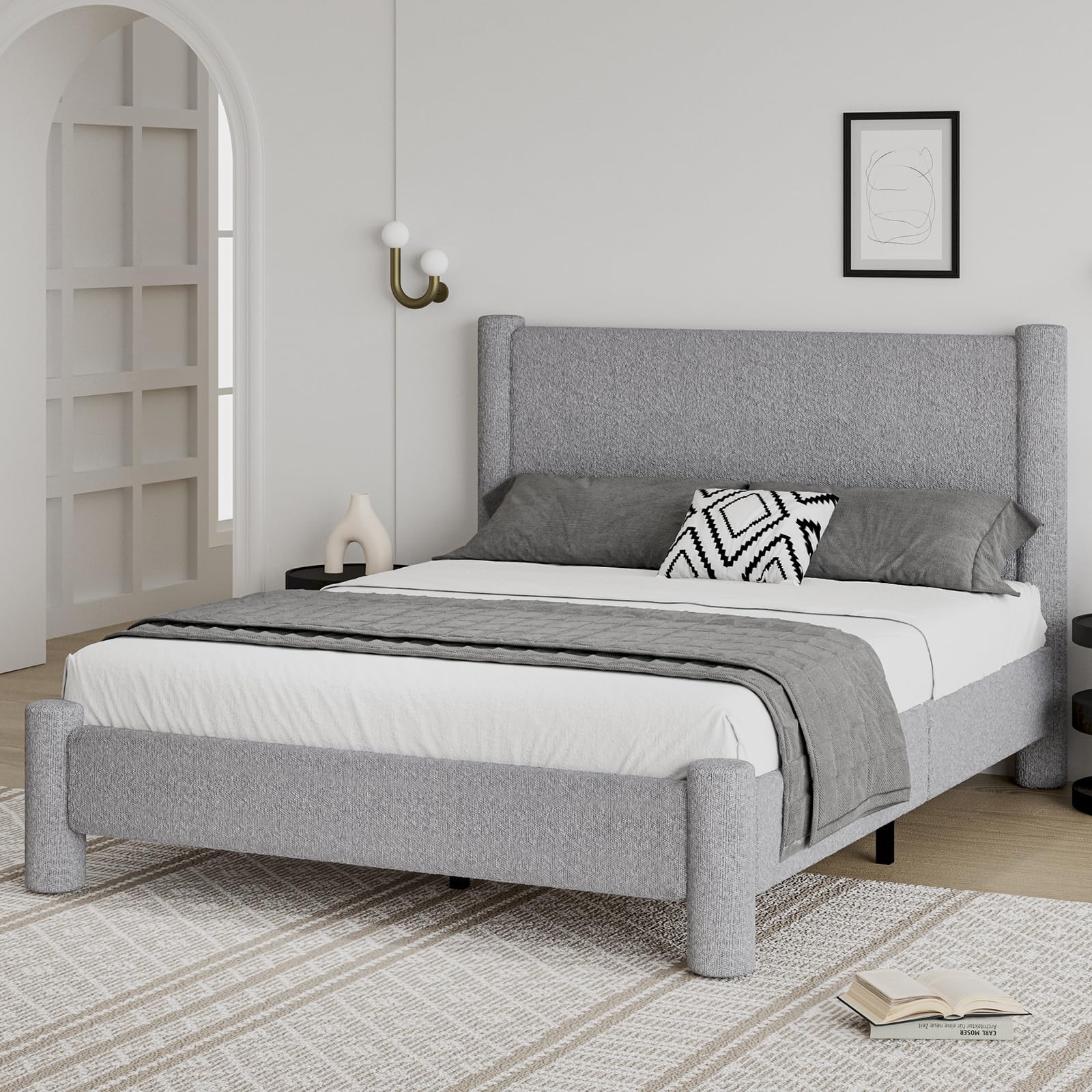 Photo 1 of *****STOCK PHOTO REFERENCE ONLY******REVOMINCA Queen Size Bed Frame, Boucle Upholstered Platform Bed with Headboard and Footboard, Soft Rounded Corners, No Box Spring Required, Easy Assembly, Light Grey