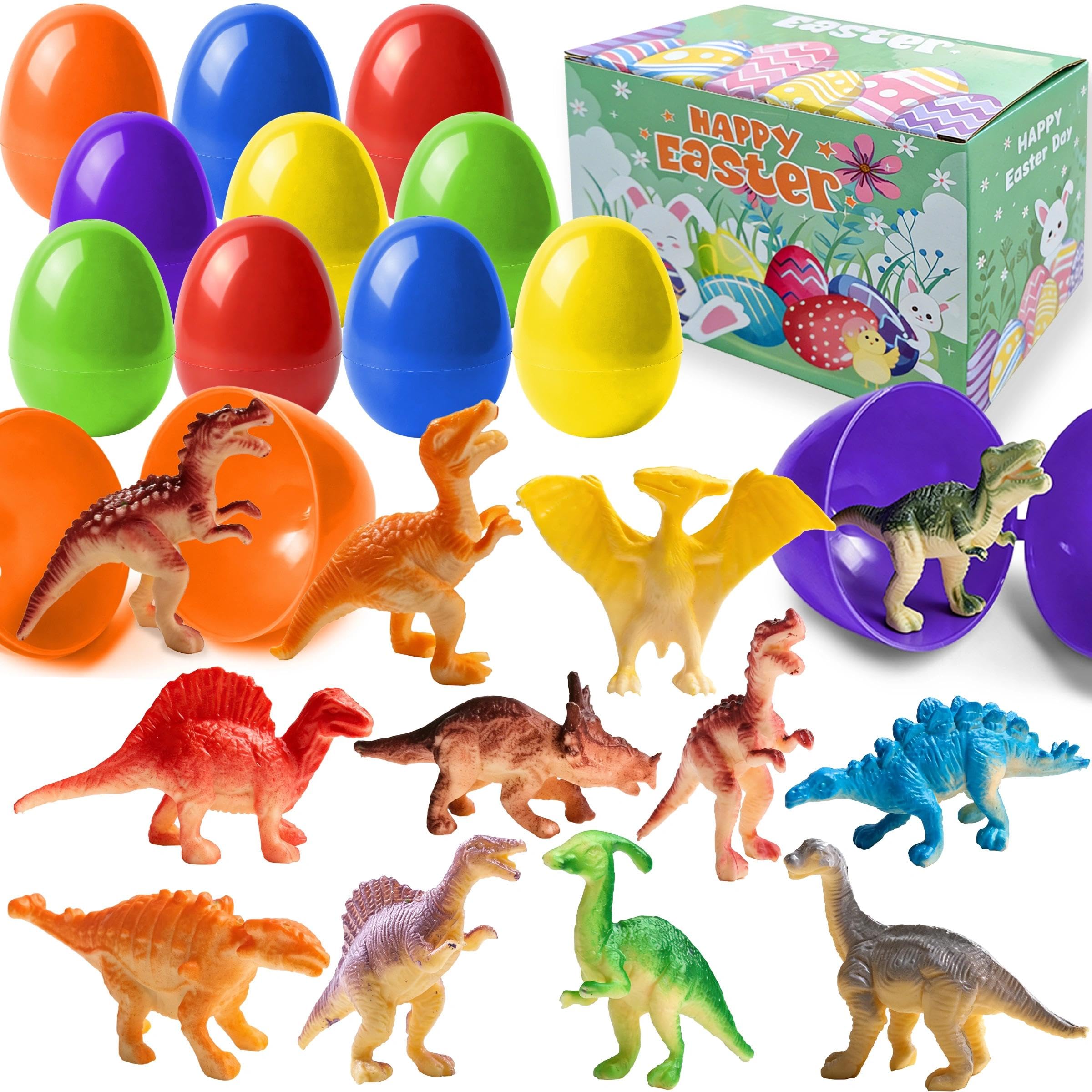 UBJUBT Filled Easter Egg Hunt Toys Kit, 12 Pcs Prefilled Easter Eggs with Mini Dinosaurs, Colorful Surprise Easter Egg Toys for Kids, Egg Hunt Gifts, Basket Stuffers & Party Favors