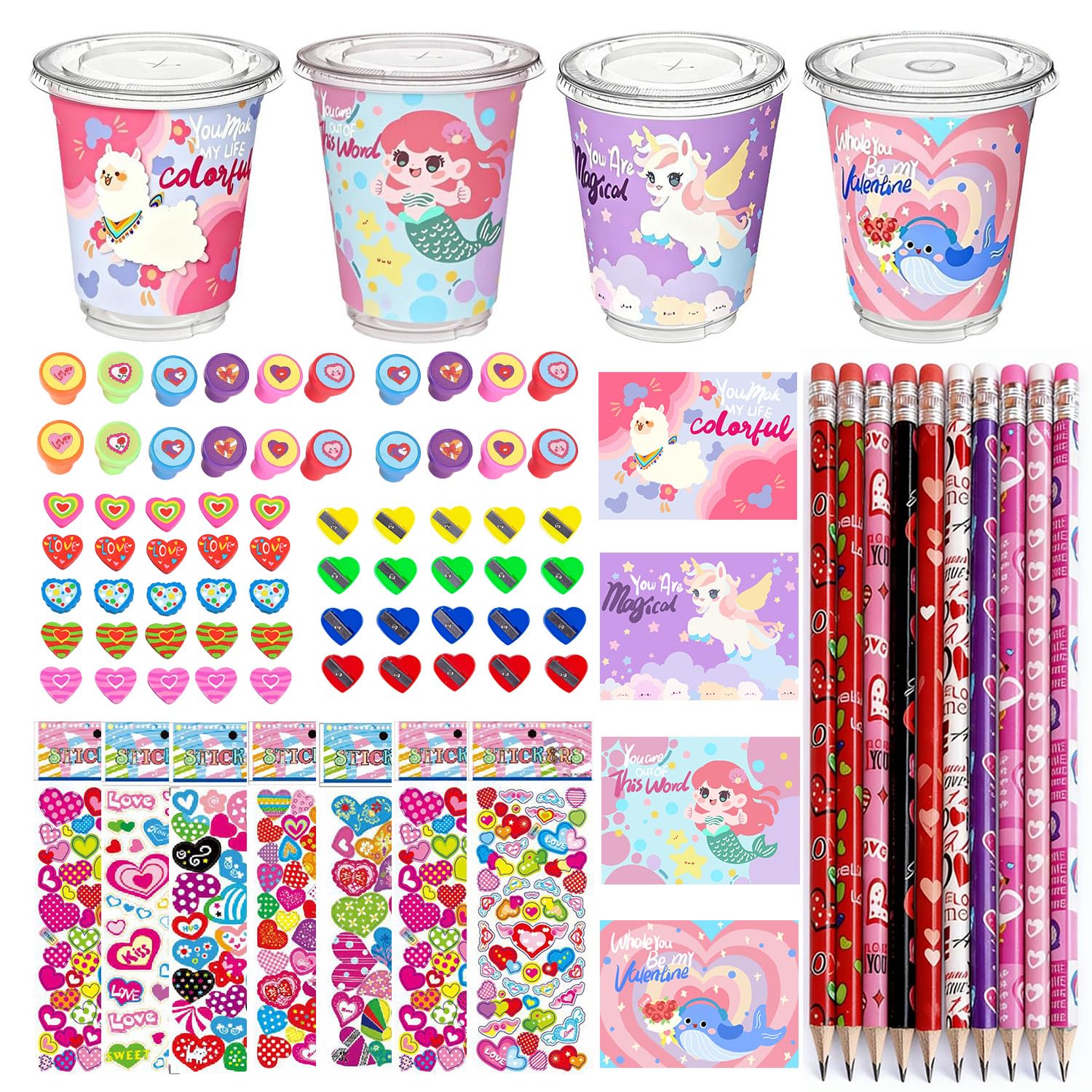 Photo 1 of 192pcs Valentines Day Classroom Exchange for Kindergarten : Valentines Stationary School Stuffers Set Exchange Gifts, Valentines Day Party Favors Class Treats Valentines Goody Cup for Preschoolers