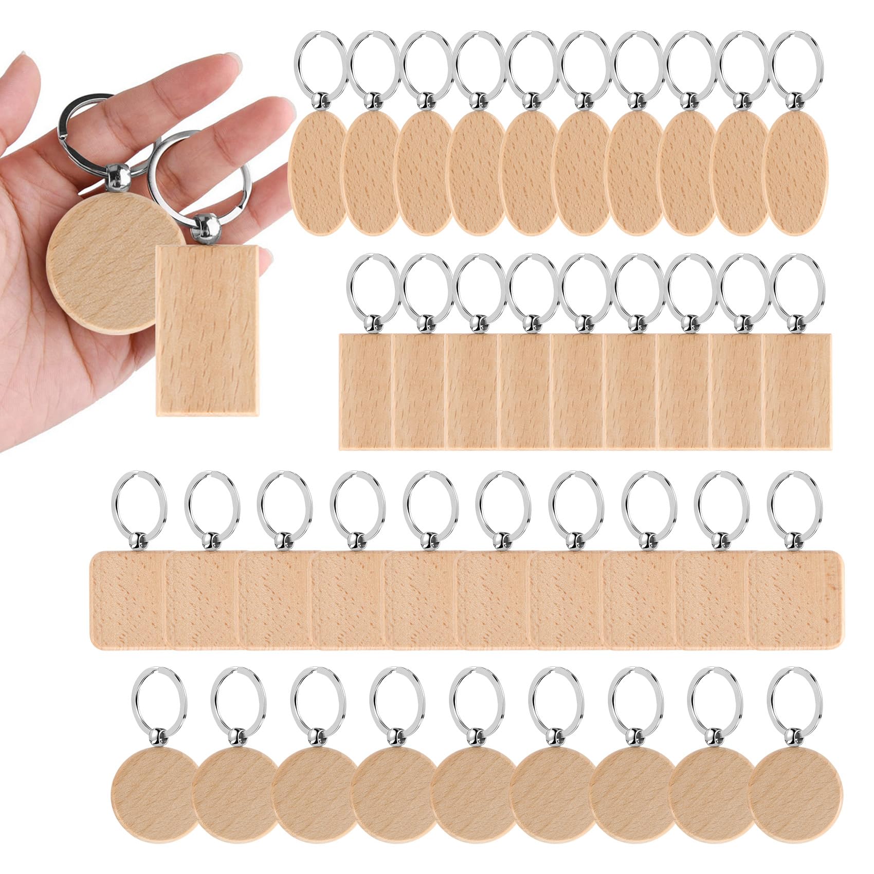 Nvanvmm 40 Pieces Round Wooden Keychain Empty Keychain in Wooden Rectangular DIY Keychain Can Engrave DIY Gifts Four Different Shapes (Rectangular+Oval+Square+ Round)