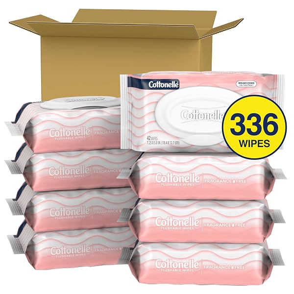 COTTONELLE FRAGRANCE FREE FLUSHABLE WET WIPES, ADULT WET WIPES, 8 FLIP-TOP PACKS, 42 WIPES PER PACK