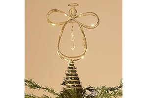 Valery Madelyn Lighted Christmas Tree Topper Angel with Timer, 10 Inch Pre-Lit Gold Metal Small Angel Tree Topper with Lights for Christmas Tree Decoration Indoor, Battery Operated, Valentines Gifts