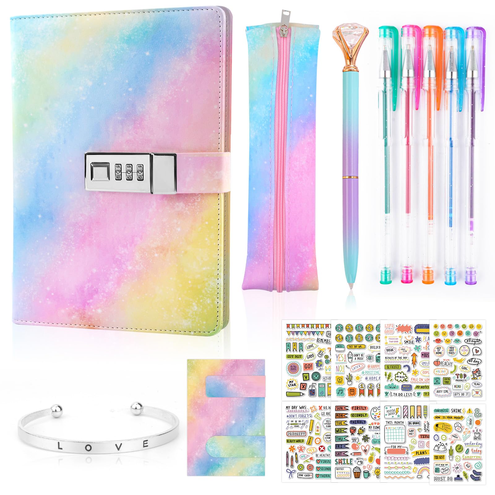 Coosilion Gifts for Girls 6 7 8 9 10 11 12 13 Years Old, Lockable Secret Diary Journal Notebook Girls Diary with Lock Stationery Set Stickers Pencil Case Gifts for Girls Teenage 6-18 Easter Gift