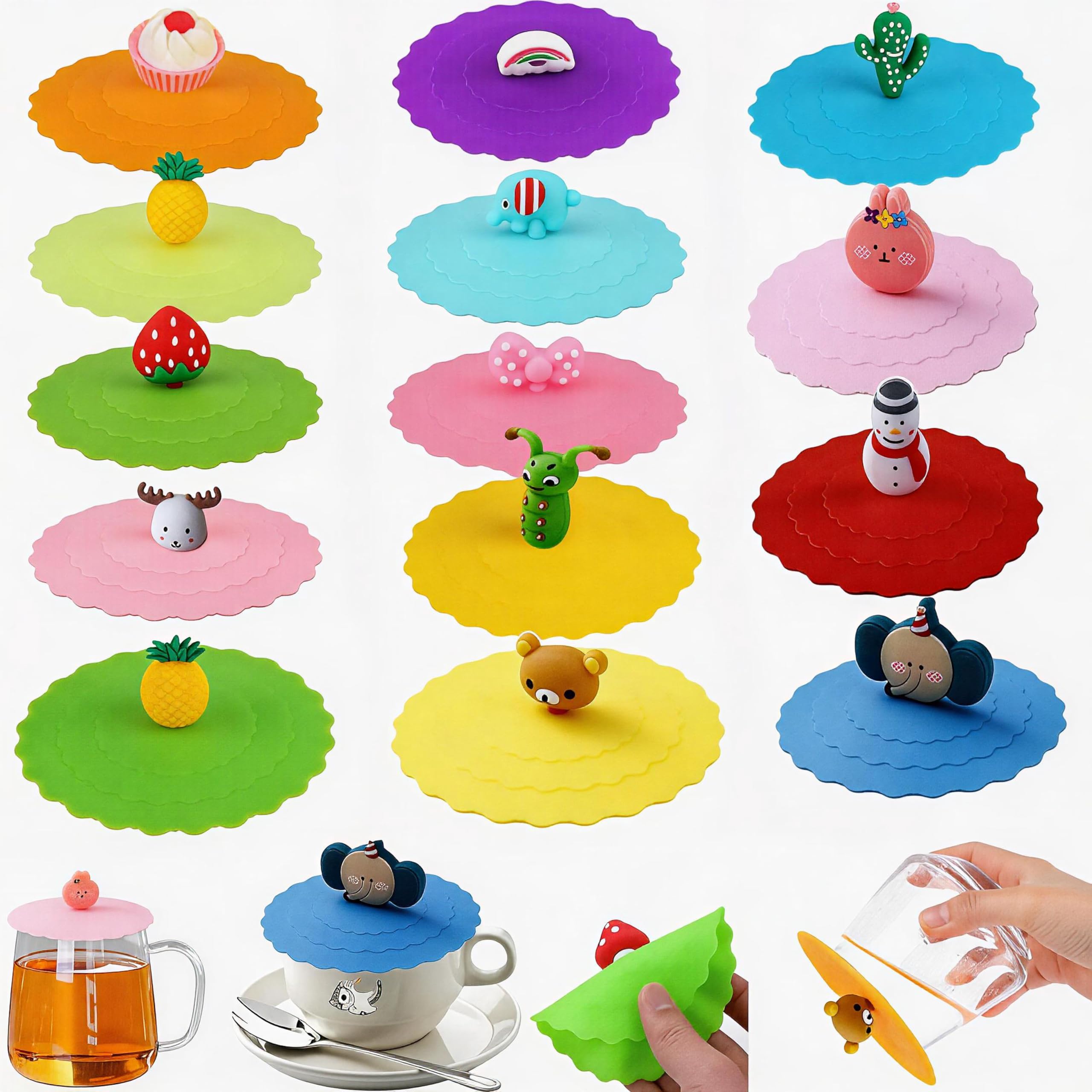 Pack of 14 Silicone Lids for Glasses - Reusable Cover for Drinking Glass, Coffee, Beer Mug, Wine Glass - Insect Protection, Leak-Proof Cup Cover for Home and Outdoors