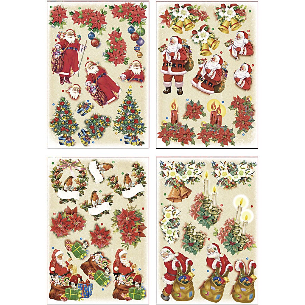 3D Decoupage motifs, sheet 21x30 cm, Father Christmas and Poinsettias, 4sheets